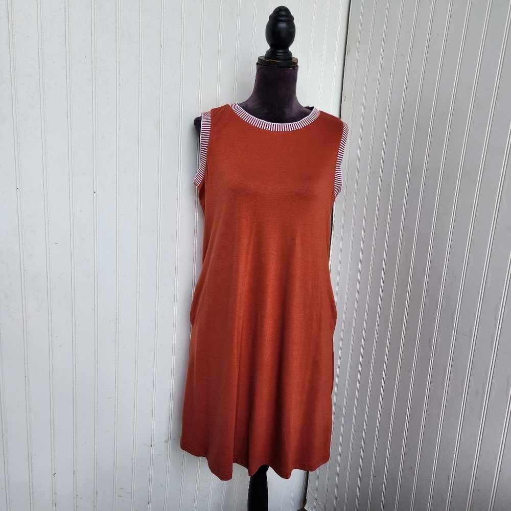 MEROKEETY Women's Stretch Sleeveless Pocketed Dress Shift Rusty Orange Rayon M - Picture 2 of 14
